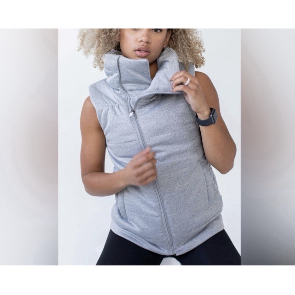 Savvi  MEG Asymmetrical Zip Front High Collar Quilted Vest in Gray Size Small
